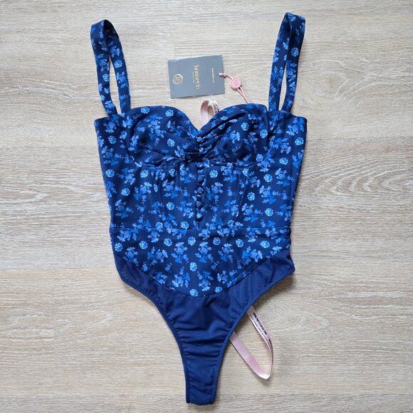 HOUSE OF CB “Savia” Floral Corset Bodysuit in sapphire blue Small  New With Tags - Picture 1 of 17